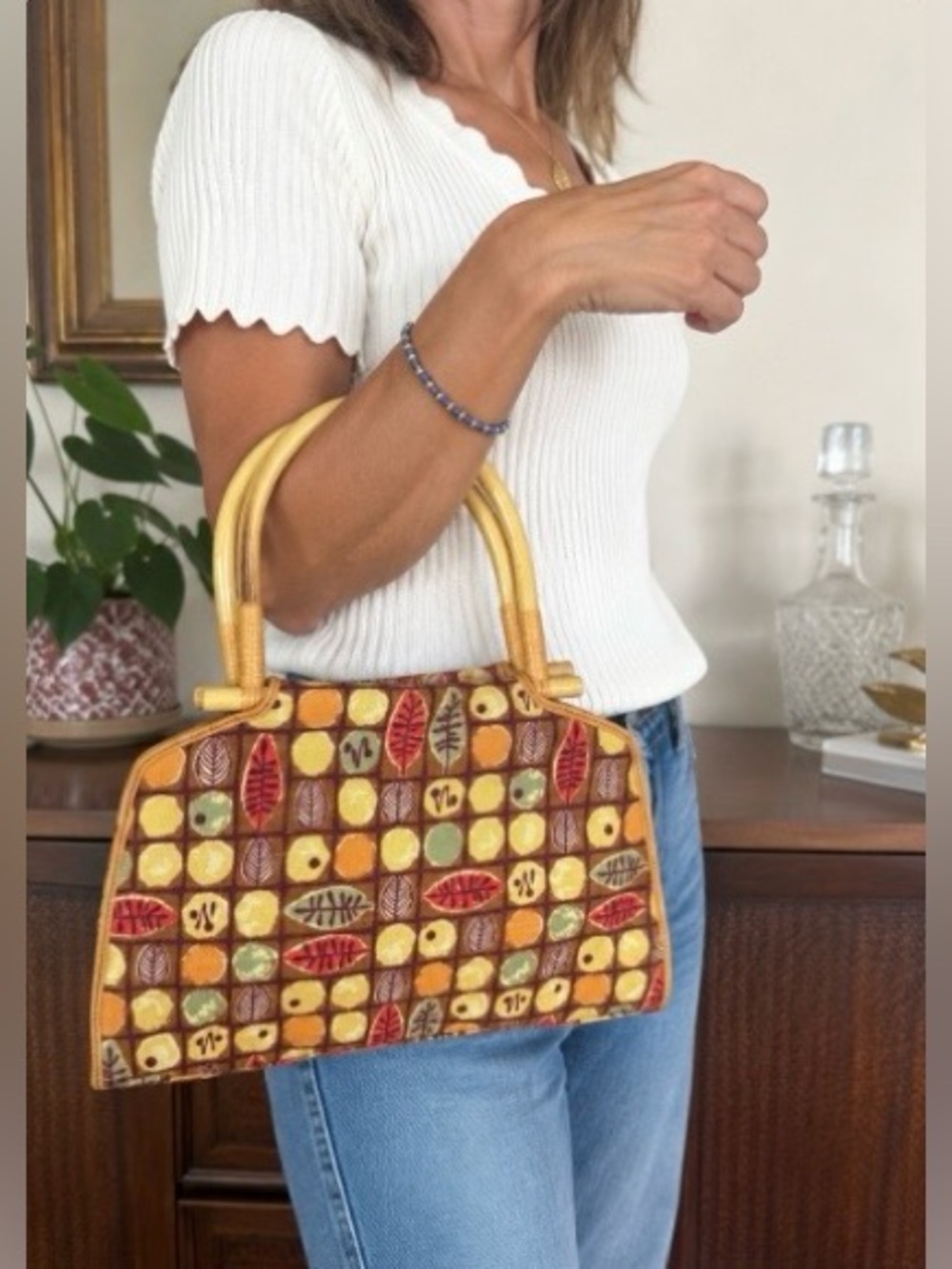 RARE Vintage Fossil Bamboo Handle Tapestry Retro Leaf Print Handbag